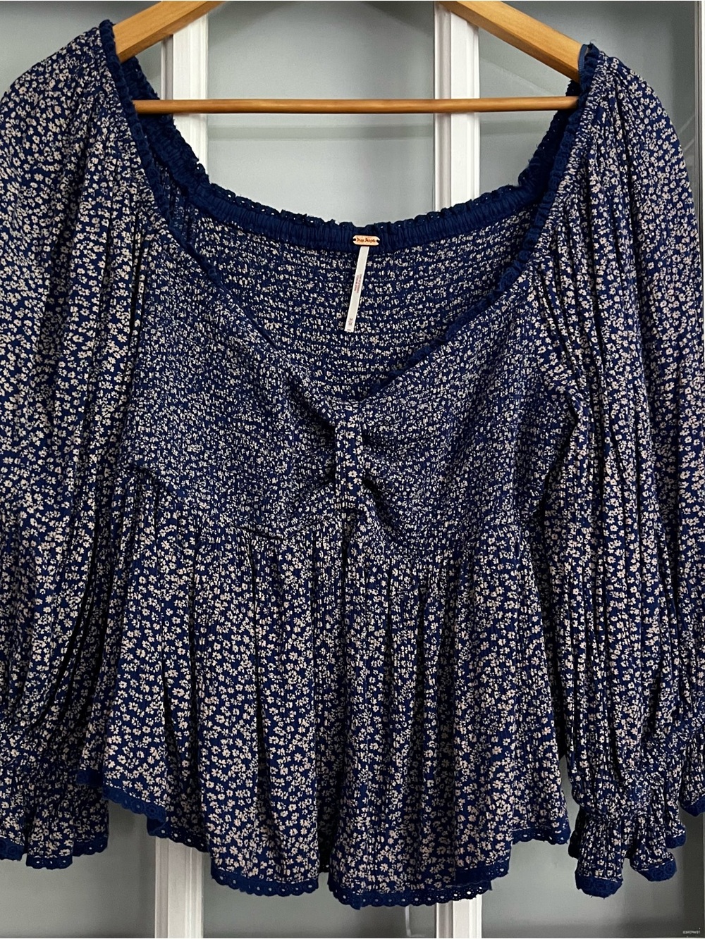 Free People Navy Floral Smocked Peasant Blouse